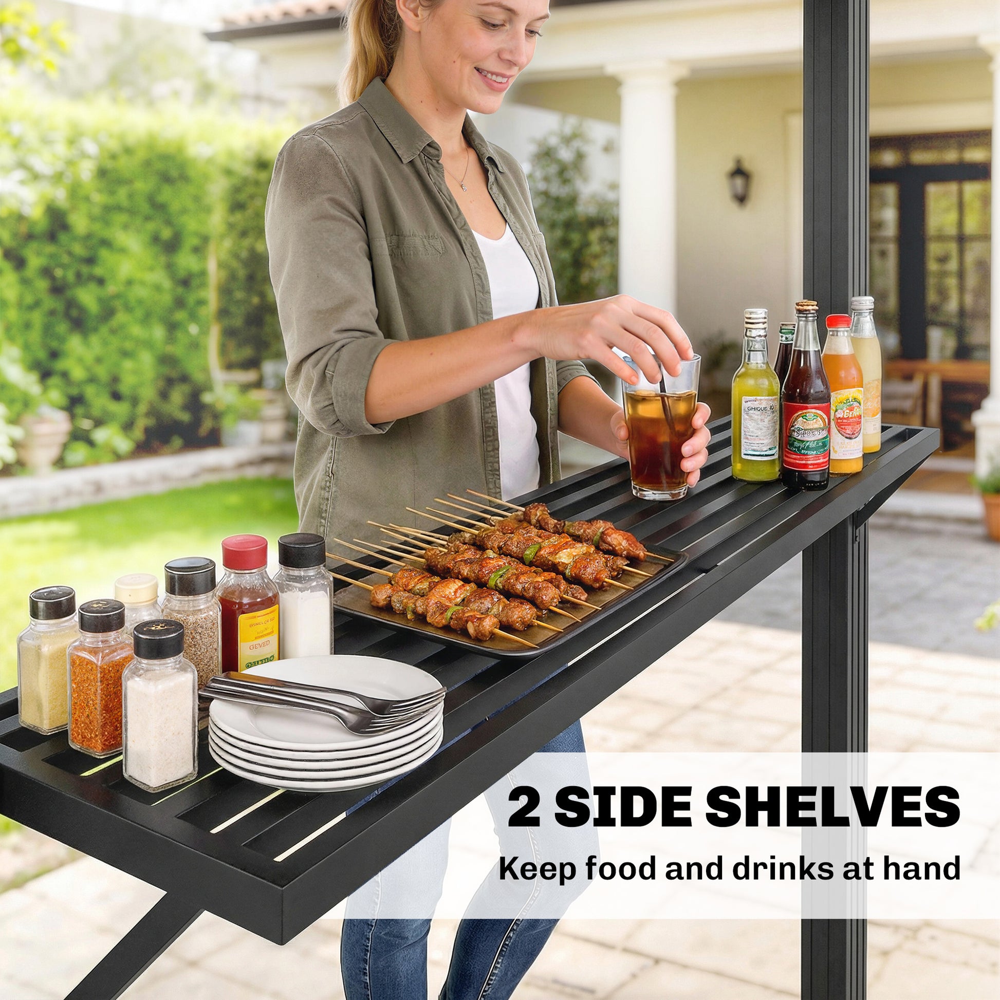 Outsunny 2.5 x 1.5 m Hardtop Grill Gazebo with Double Roof, Aluminium Outdoor BBQ Gazebo Shelter with 2 Side Shelves, Brown