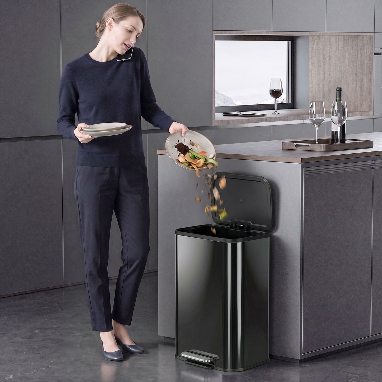 HOMCOM 50L Kitchen Bin, Metal Pedal Rubbish Bin with Soft Close and Stay-Open Lid, Removable Inner Bucket, High Gloss Black