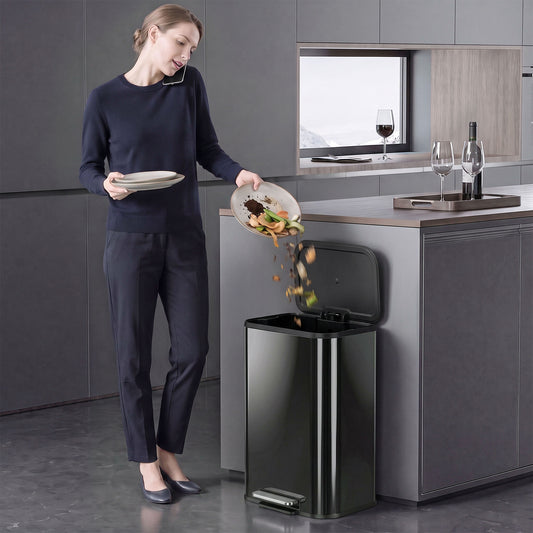 HOMCOM 50L Kitchen Bin, Metal Pedal Rubbish Bin with Soft Close and Stay-Open Lid, Removable Inner Bucket, High Gloss Black