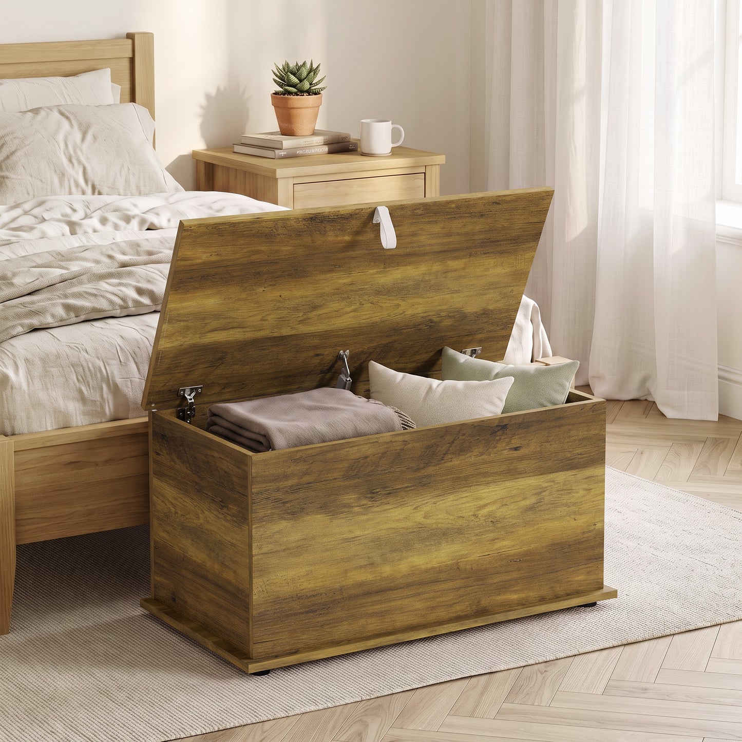 HOMCOM Storage Chest, 102L Blanket Box, Shoe Bench with Safety Hinged Lid, Bed End Bench for Bedroom, 80 x 40 x 45cm, Brown