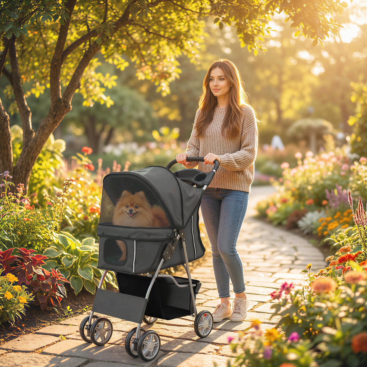 PawHut Dog Pram, Pet Stroller with Reflective Strips, Foldable Cat Stroller with 360Â° Swivel Wheels, Dark Grey