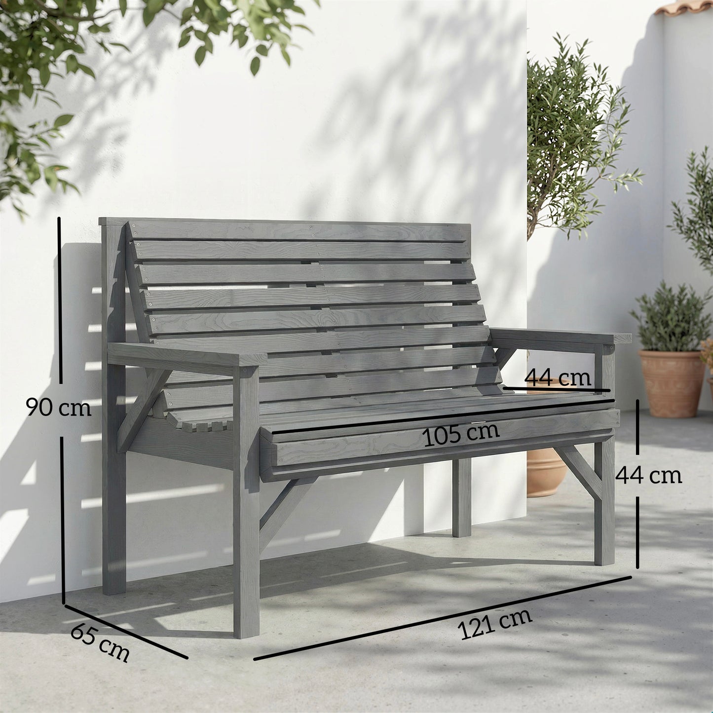 Outsunny 2 Seater Wooden Garden Bench, Slatted Patio Bench with Armrest and Backrest, Outdoor Furniture for Indoor, Balcony