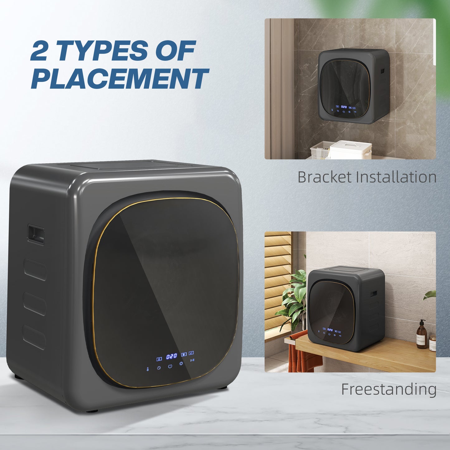 HOMCOM 4kg Vented Tumble Dryer with Deodorize, Smart Mode, 800W Compact Tumble Dryer with Stainless Steel Tub, Front Load, for Flat, Home, RVs, Grey