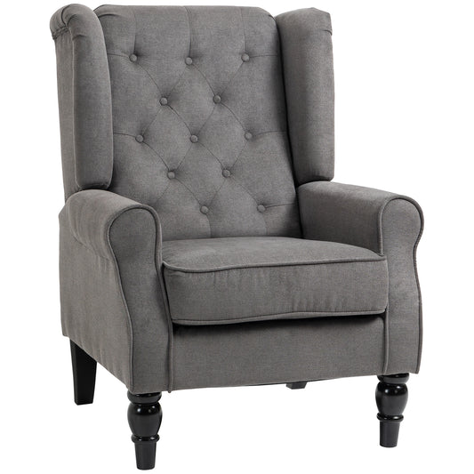 HOMCOM Wingback Accent Chair, Snow Flannel Armchair with Thick Spring Cushion, High Back, Solid Wood Legs, Retro Button Tufted Reading Chair for Living Room, Bedroom, Dark Grey