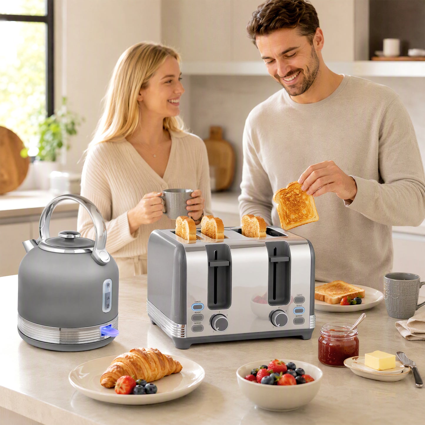 HOMCOM Stainless Steel Kettle and Toaster Set, 1.7L 3000W Cordless Fast Boil Kettle, 4 Slice Toaster Kitchen Set, Grey