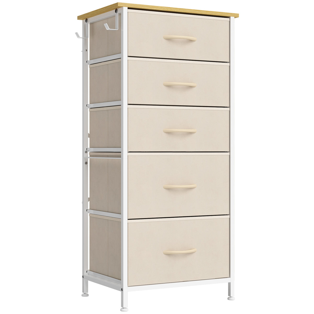 HOMCOM Chest of Drawers, Dresser with 5 Fabric Drawers, Tall Storage Unit with 4 Pockets and 2 Hooks Steel Frame, Beige Default Title