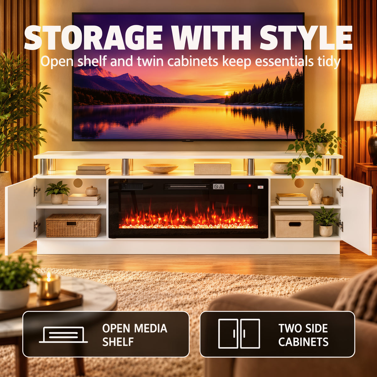 HOMCOM Electric Fireplace TV Stand for 80" TVs, 1800W LED Light Entertainment Center with Adjustable Flame, Remote, White