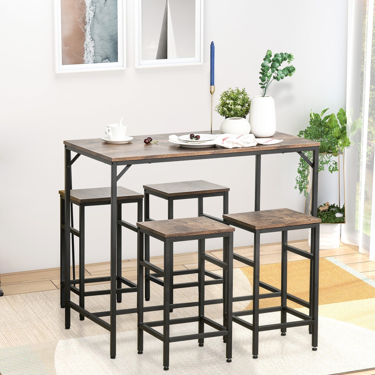 HOMCOM 5-Piece Breakfast Bar Table and Stools Set, Kitchen Bar Table Set with High Table and 4 Stools, Space Saving Compact Dining Furniture for Small Spaces, Rustic Brown