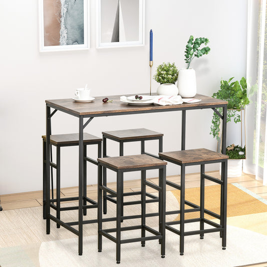 HOMCOM 5-Piece Breakfast Bar Table and Stools Set, Kitchen Bar Table Set with High Table and 4 Stools, Space Saving Compact Dining Furniture for Small Spaces, Rustic Brown