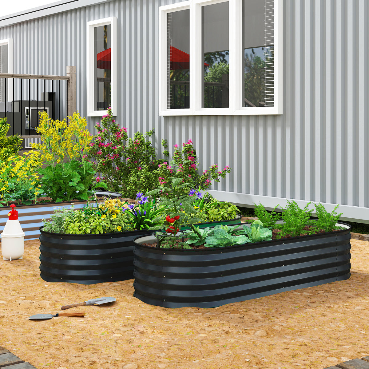 Outsunny Set of Two 150 x 60cm Steel Planters - Dark Grey