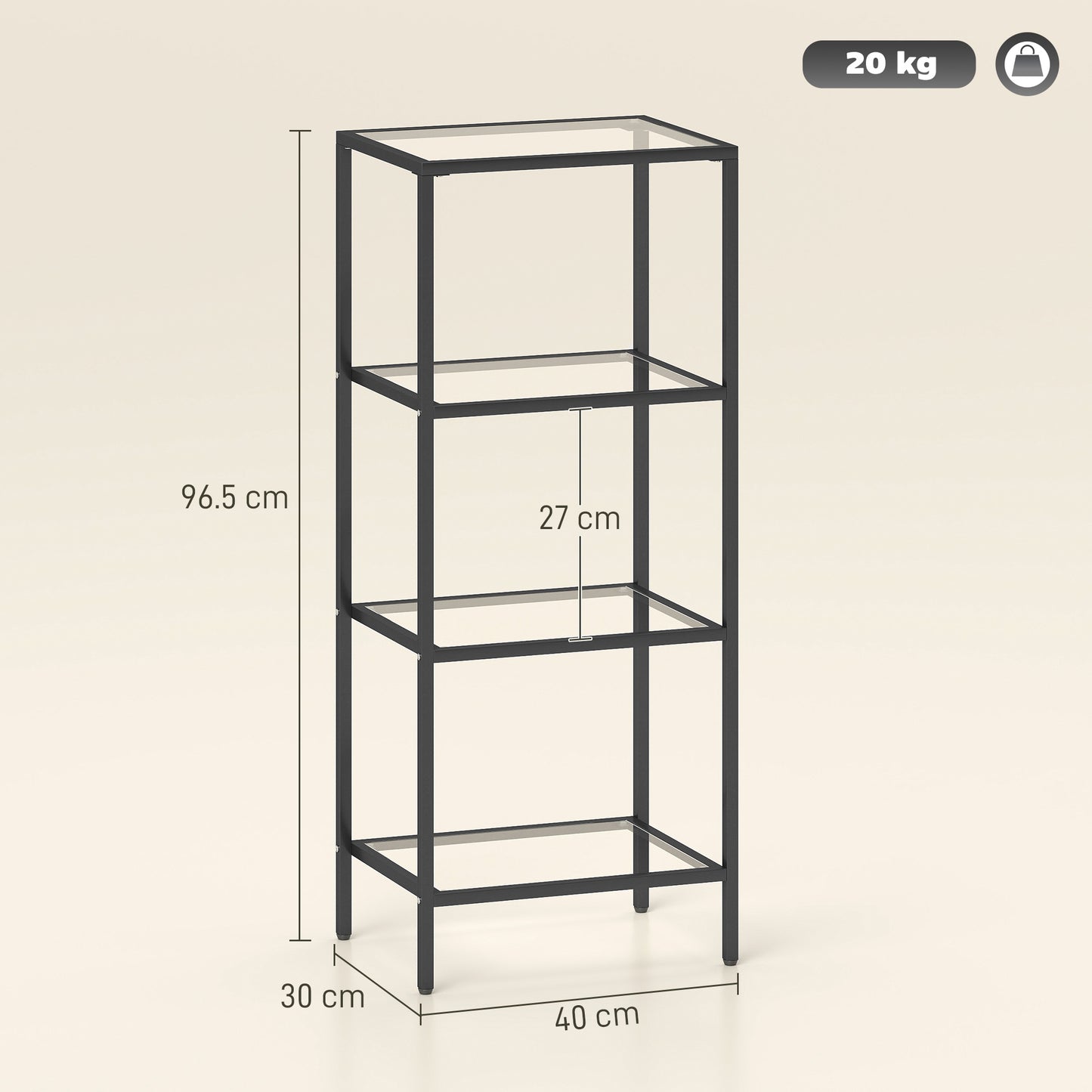 HOMCOM 4-Tier Shelving Unit, Glass Shelf, Vertical Storage Shelf for Living Room, Home Office, Bedroom, Bathroom, Black
