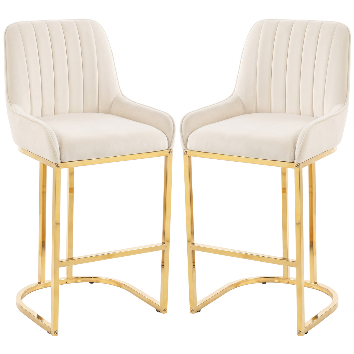 HOMCOM Bar Stools Set of 2 with Backrest, Footrest, Gold Electroplated Legs for Kitchen Island, Dining Room, Cream White