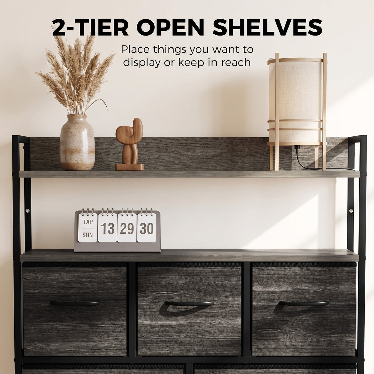 HOMCOM Chest of Drawers, Bedroom Fabric Dresser with 7 Drawers, Storage Organiser Unit with Open Shelves, Grey Wood-Effect