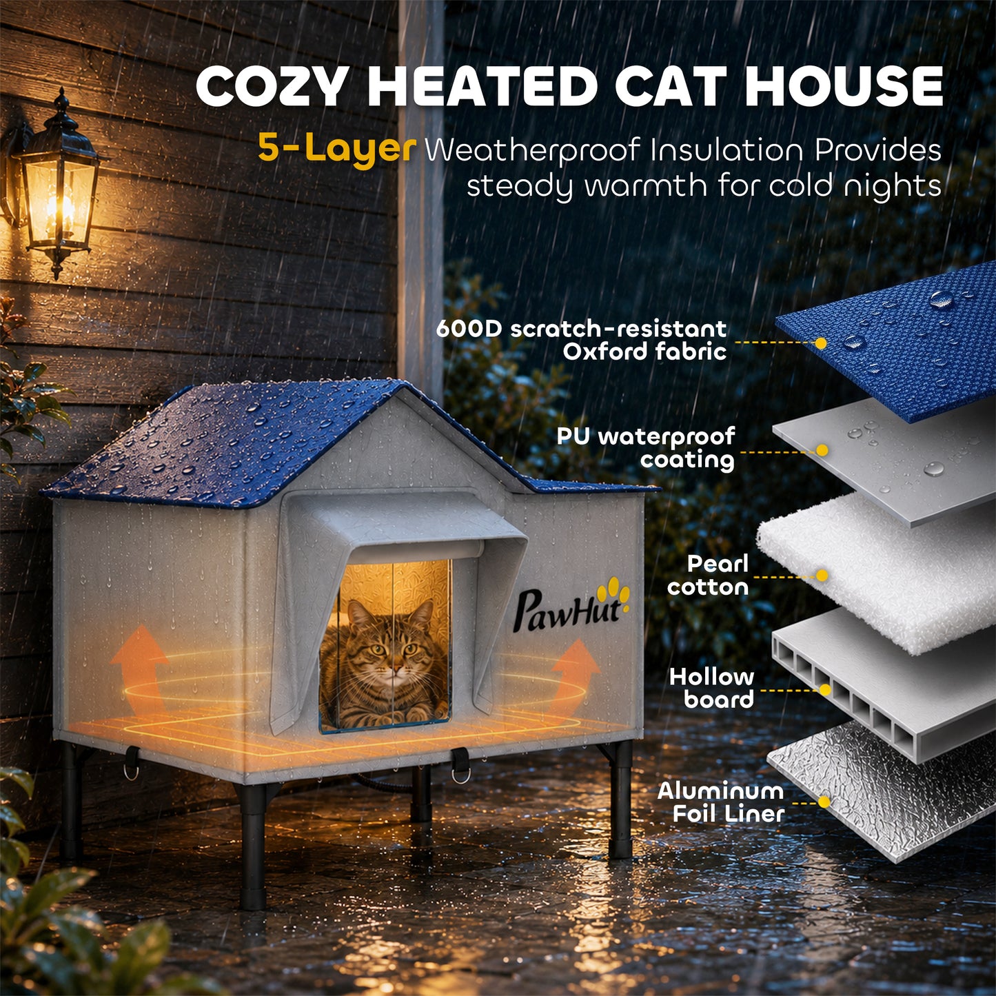 PawHut Heated Cat House Weatherproof w/ Heating Pad, Elevated Base, Escape Door, Cat Winter Shelter for Stray, Barn Cats
