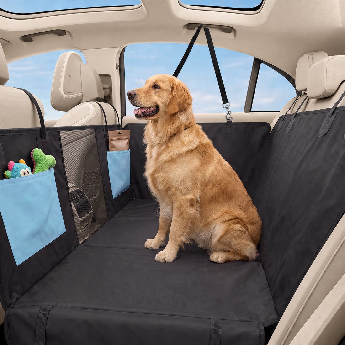 PawHut Dog Car Seat Cover, Waterproof Dog Travel Hammock w/ Non-Slip & Anti-Scratch Surface, Mesh Window and Pockets, Blue