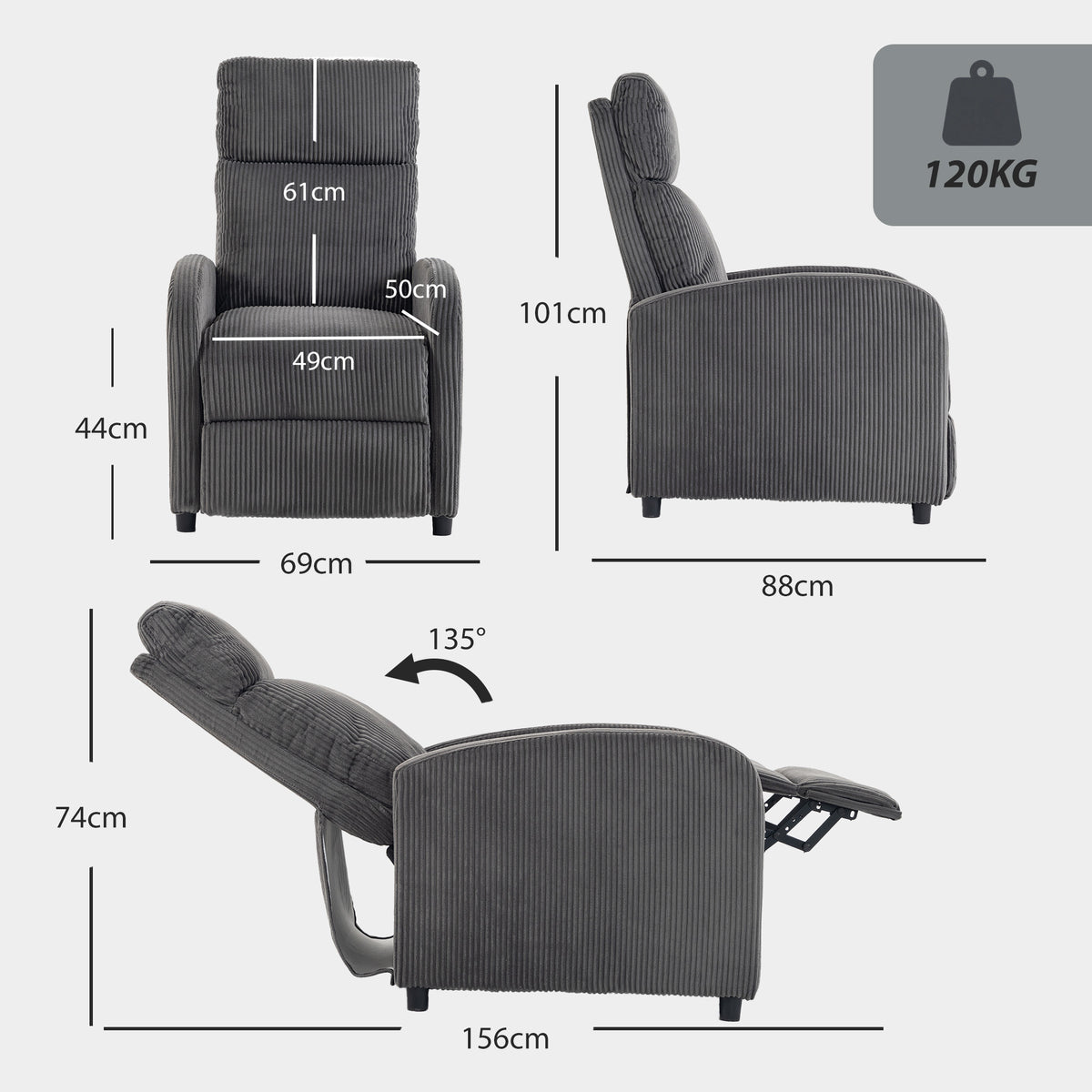 HOMCOM Recliner Armchair, Corduroy Push Back Reclining Chair with Thick Padding, Dark Grey