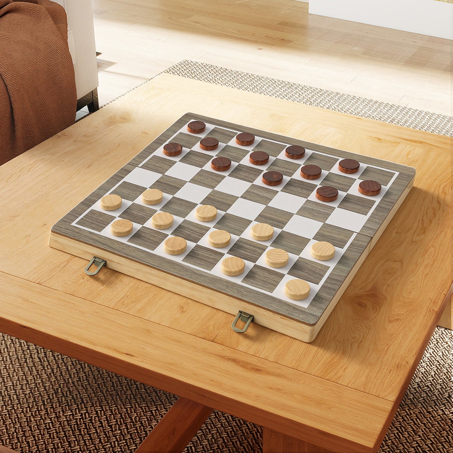 SPORTNOW 15 Inch Chess Set, Foldable Chess and Draughts Set, Brown