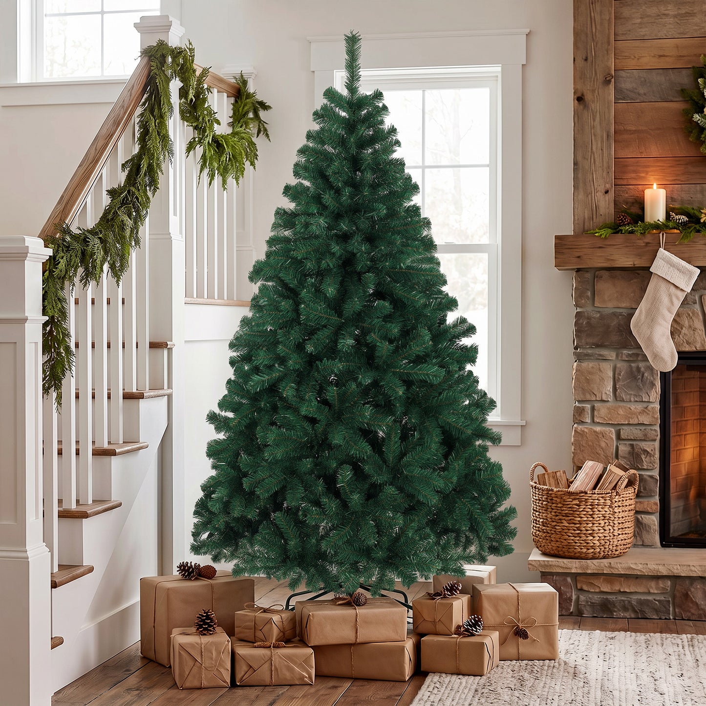 HOMCOM 6ft Artificial Christmas Tree, Fir Hinged Xmas Tree with 700 Branch Tips, Foldable Steel Stand, Green