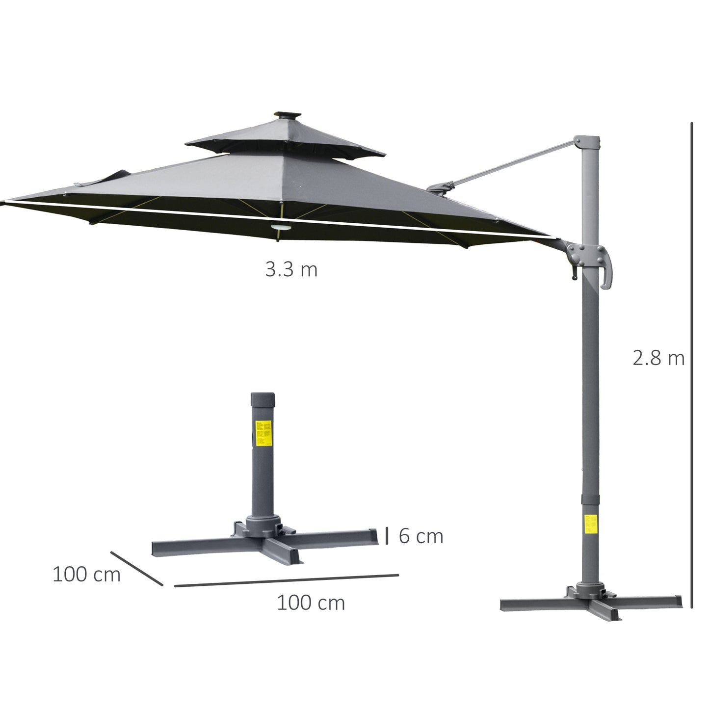 Outsunny 3m Cantilever Parasol w/ Solar Lights Power Bank Base 360Â° Spin Dark Grey