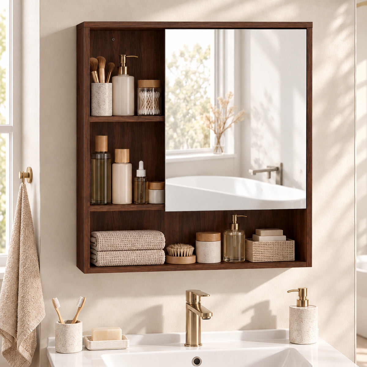 HOMCOM Bathroom Mirror Cabinet, Wall-Mounted Bathroom Cabinet with Mirror Door, Adjustable Shelves, Walnut Brown