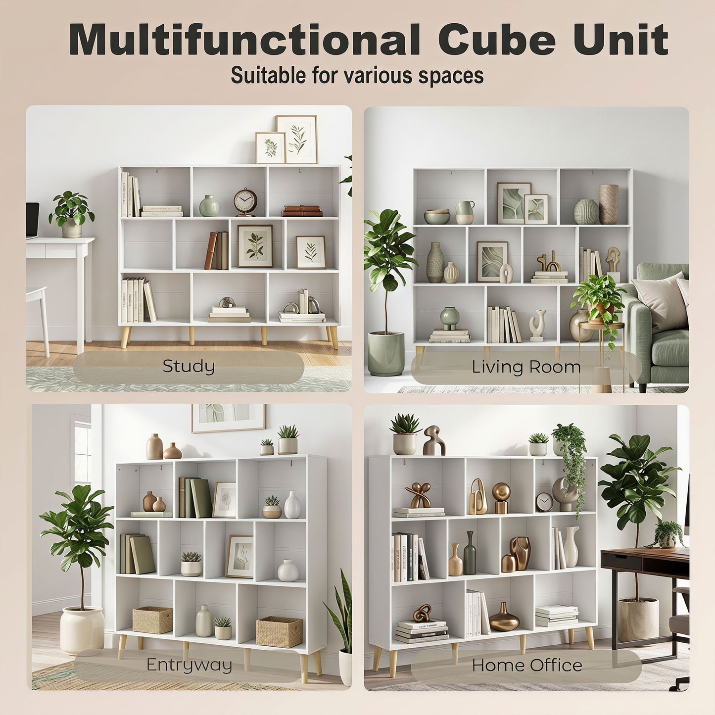 HOMCOM 10-Cube Bookcase, 3-Tier Book Shelf with Solid Wood Legs, 140 cm Modern Bookshelf with Anti-Tip Kit for Bedroom, White