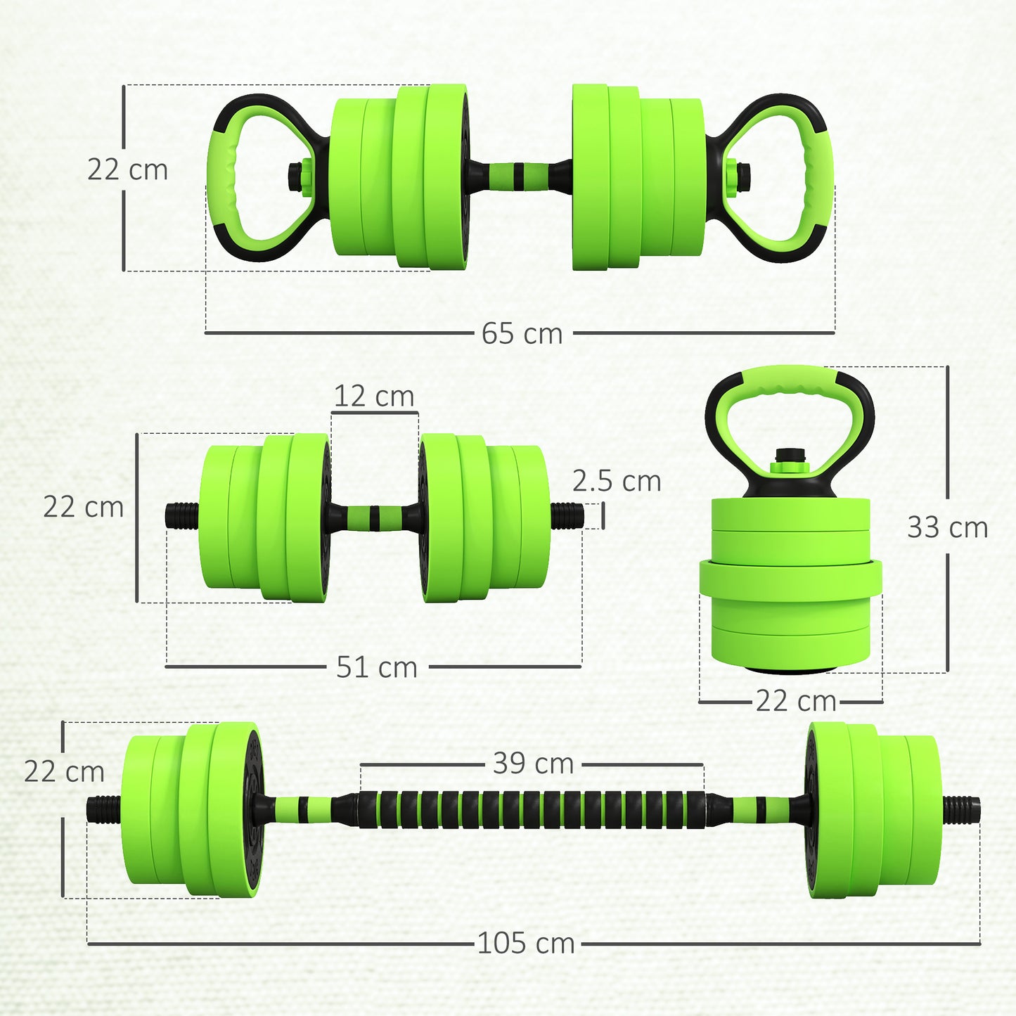 SPORTNOW 30kg Four-In-One Adjustable Weight Dumbbells Set, Barbell, Kettlebell, Push Up Stand - Green