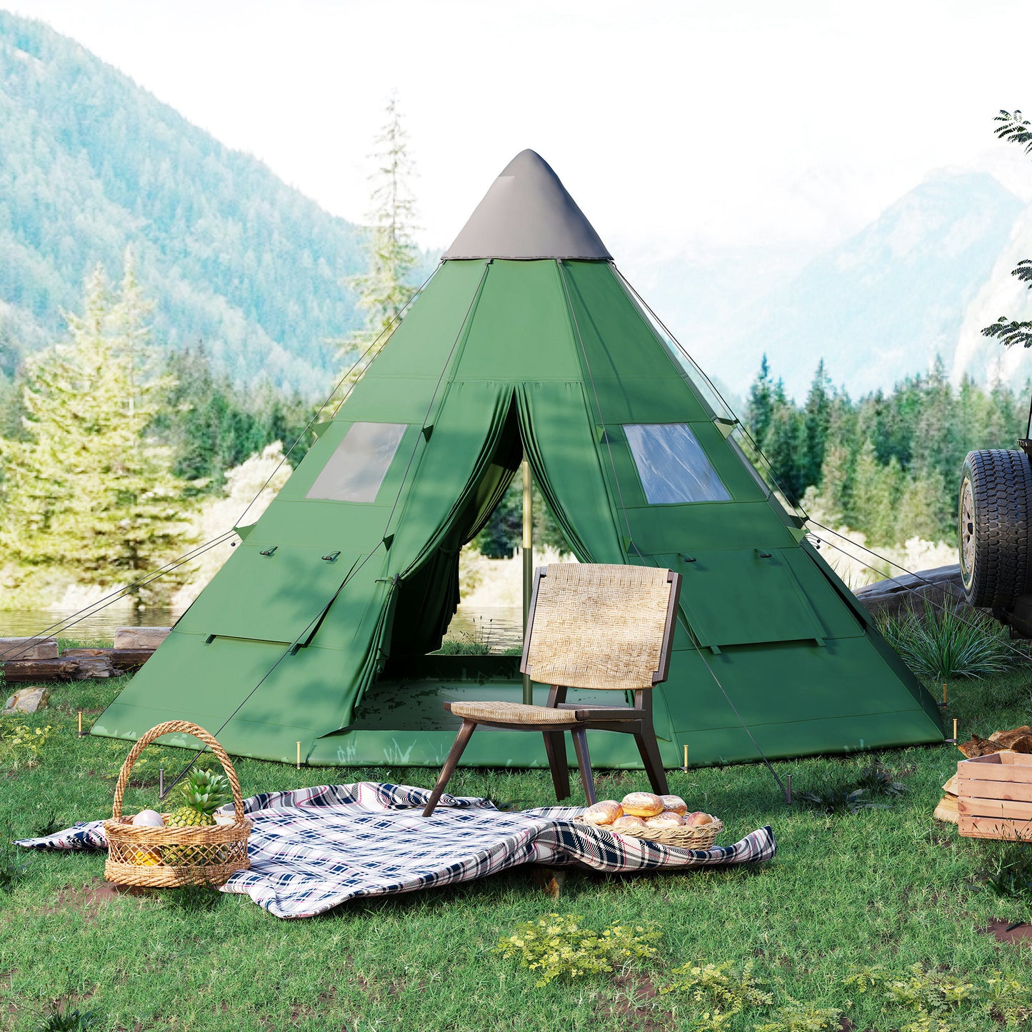 Outsunny 6 Men Tipi Tent with Carry Bag - Green