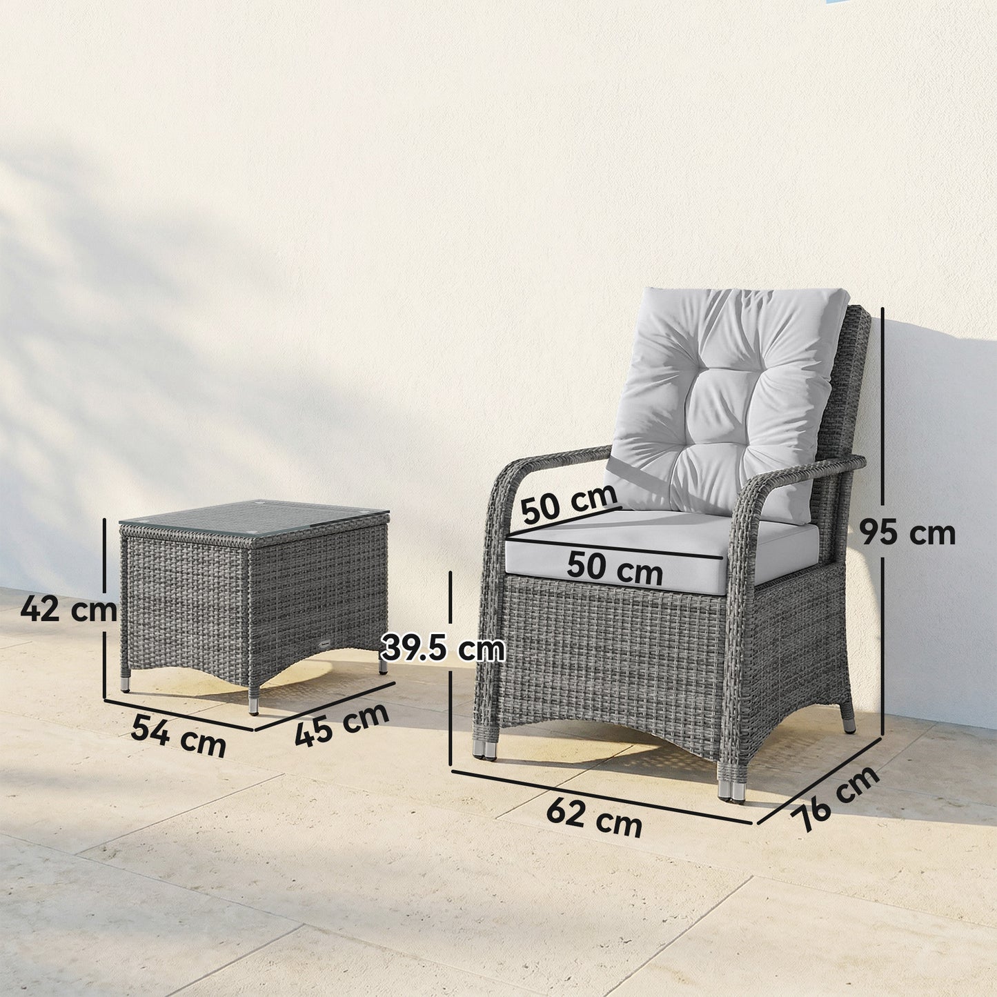 Outsunny 3 Pieces Rattan Bistro Set, Wicker Garden Furniture Set with Metal Frame, Cover, Glass Top Coffee Table, Light Grey