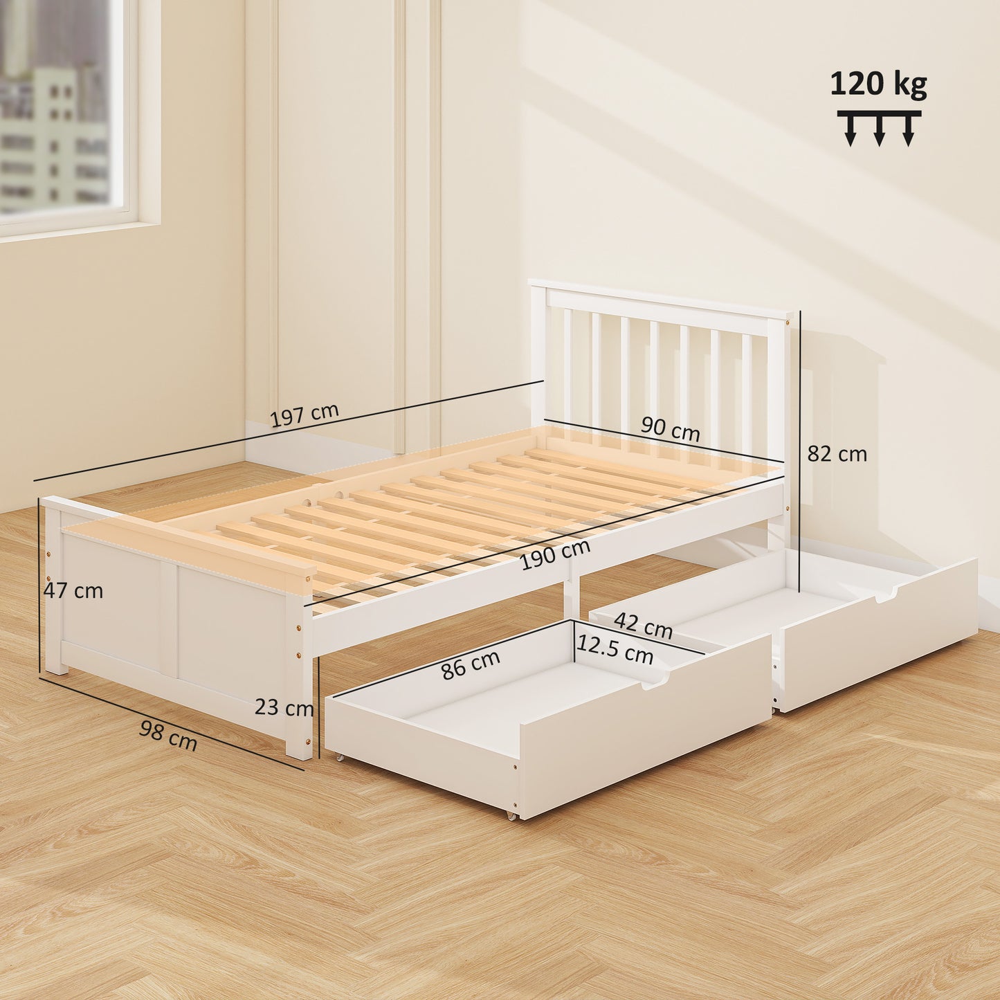 HOMCOM Wooden Single Bed Frame, with Drawers - White