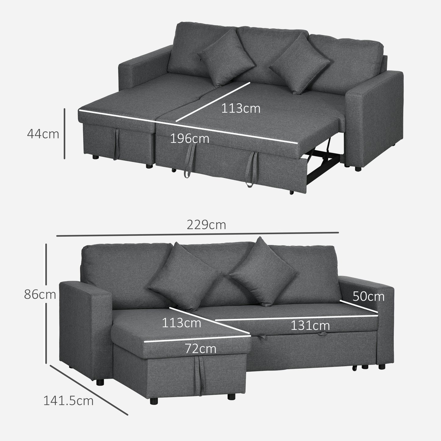 HOMCOM Corner Sofa Bed with Storage, 3 Seater Pull Out Sofa Bed, Pre-Assembled & Delivered to Your Home, Dark Grey