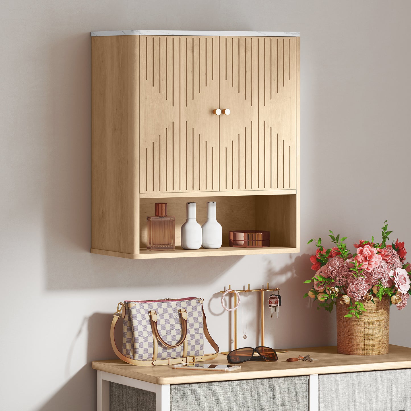 HOMCOM Bathroom Wall Cabinet with Adjustable Shelf - Oak