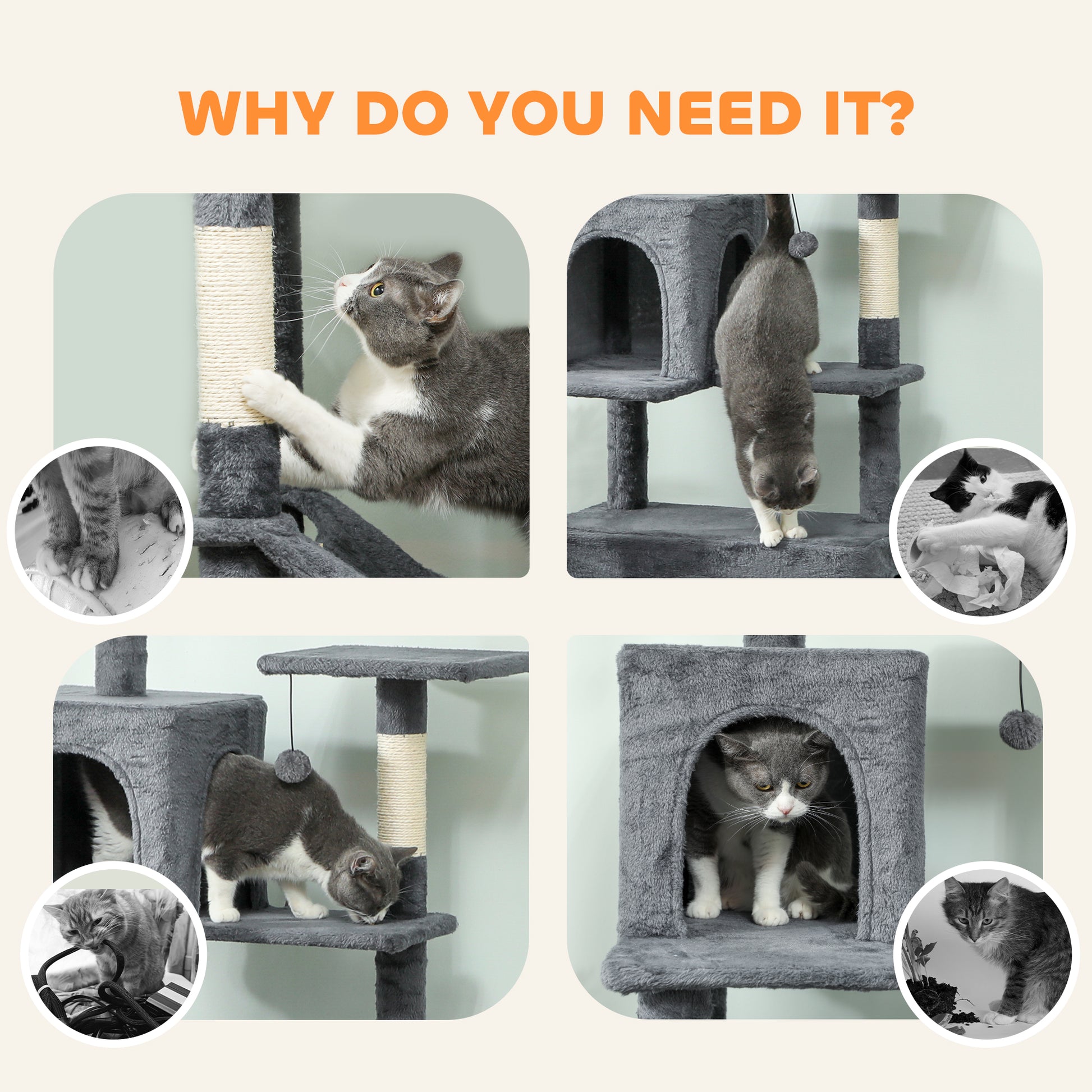 PawHut 202cm Large Cat Tree with 6 Scratching Posts, 2 Hammocks, 2 Condos, 2 Perches, Pompoms, for Indoor Cats to Rest and Play