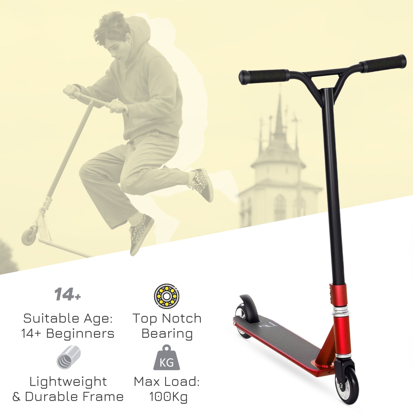 HOMCOM Stunt Scooter, 360° Entry Level Tricks Scooter w/ Lightweight Aluminium Deck and ABEC 7 Bearing, For Age 14+ Beginners, Red