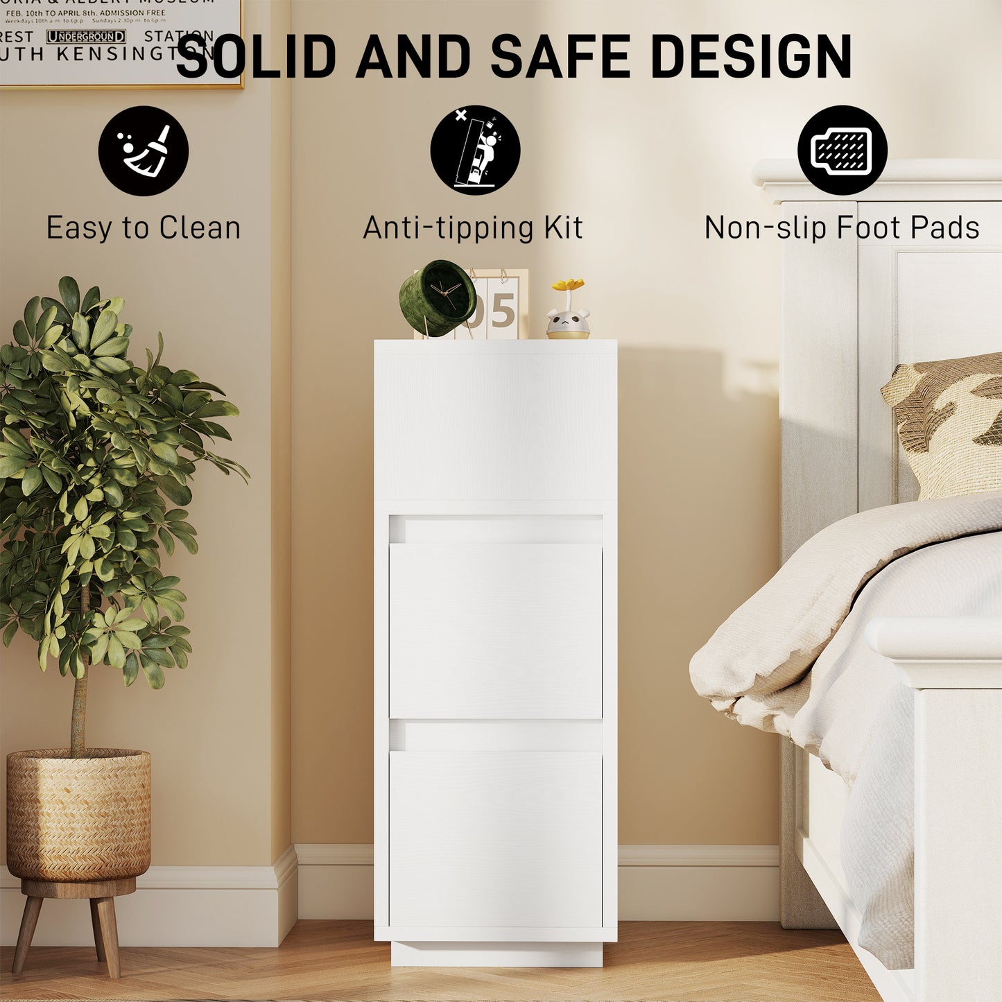 HOMCOM Slim Bedside Table, Narrow Bedside Cabinet with Open Shelf and 2 Drawers for Bedroom, Living Room, White