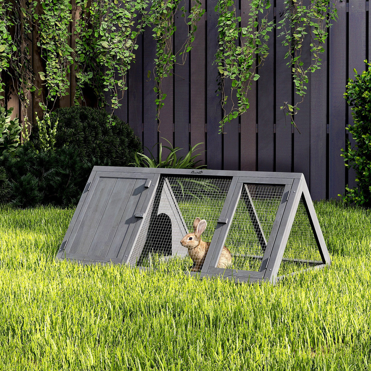 PawHut Rabbit Hutch, Wooden Guinea Pig Hutch with Run and Doors, Outdoor Triangle Bunny House for Rabbits,Duck and Chicken