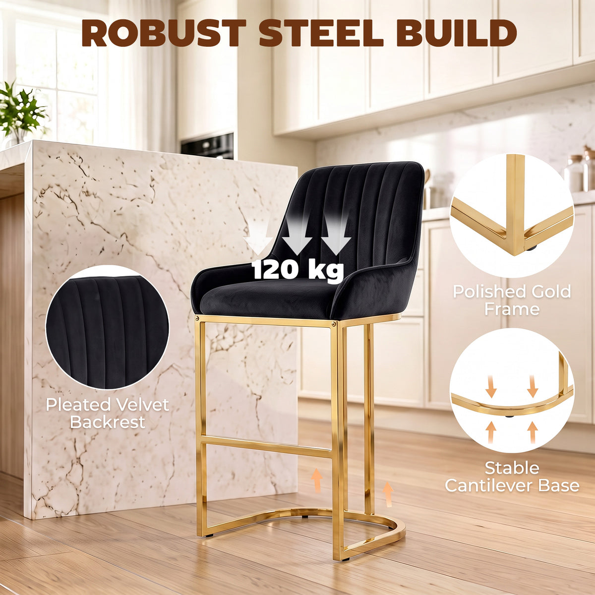 HOMCOM Bar Stools Set of 2 with Backrest, Footrest, Gold Electroplated Legs for Kitchen Island, Dining Room, Black