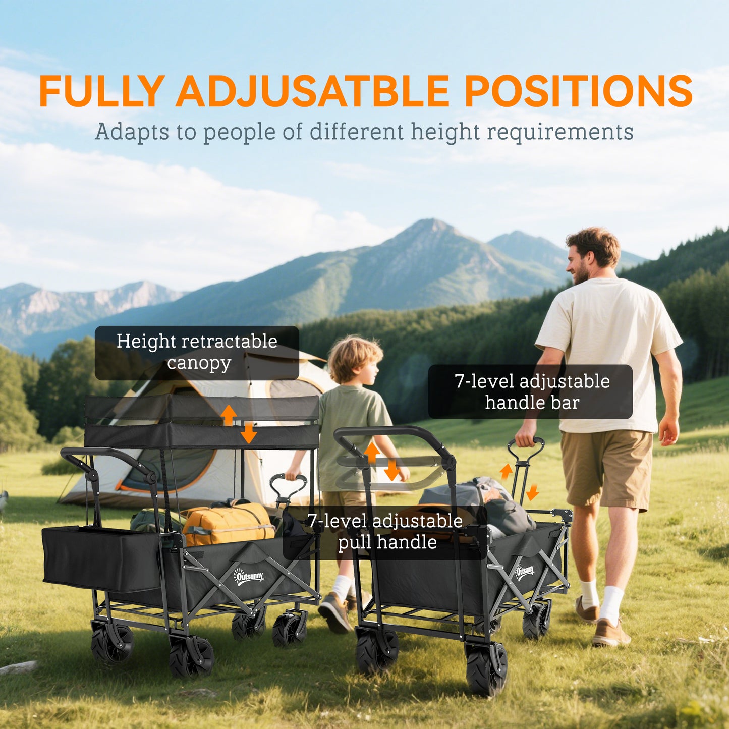 Outsunny Folding Trolley Cart Storage Wagon Beach Trailer 4 Wheels with Handle Overhead Canopy Cart Push Pull for Camping, Black