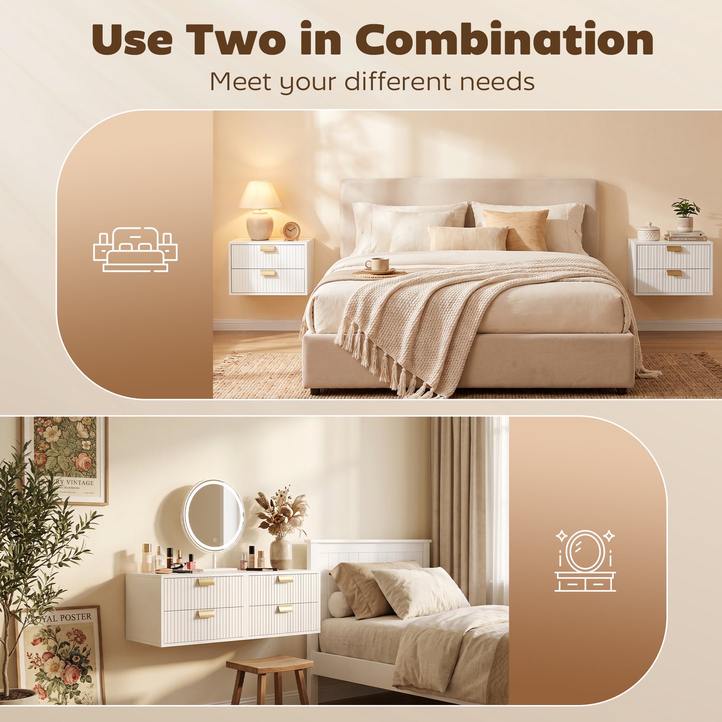 HOMCOM Modern Floating Nightstands Set of 2, Wall Mounted Bedside Tables with 2 Drawers, White