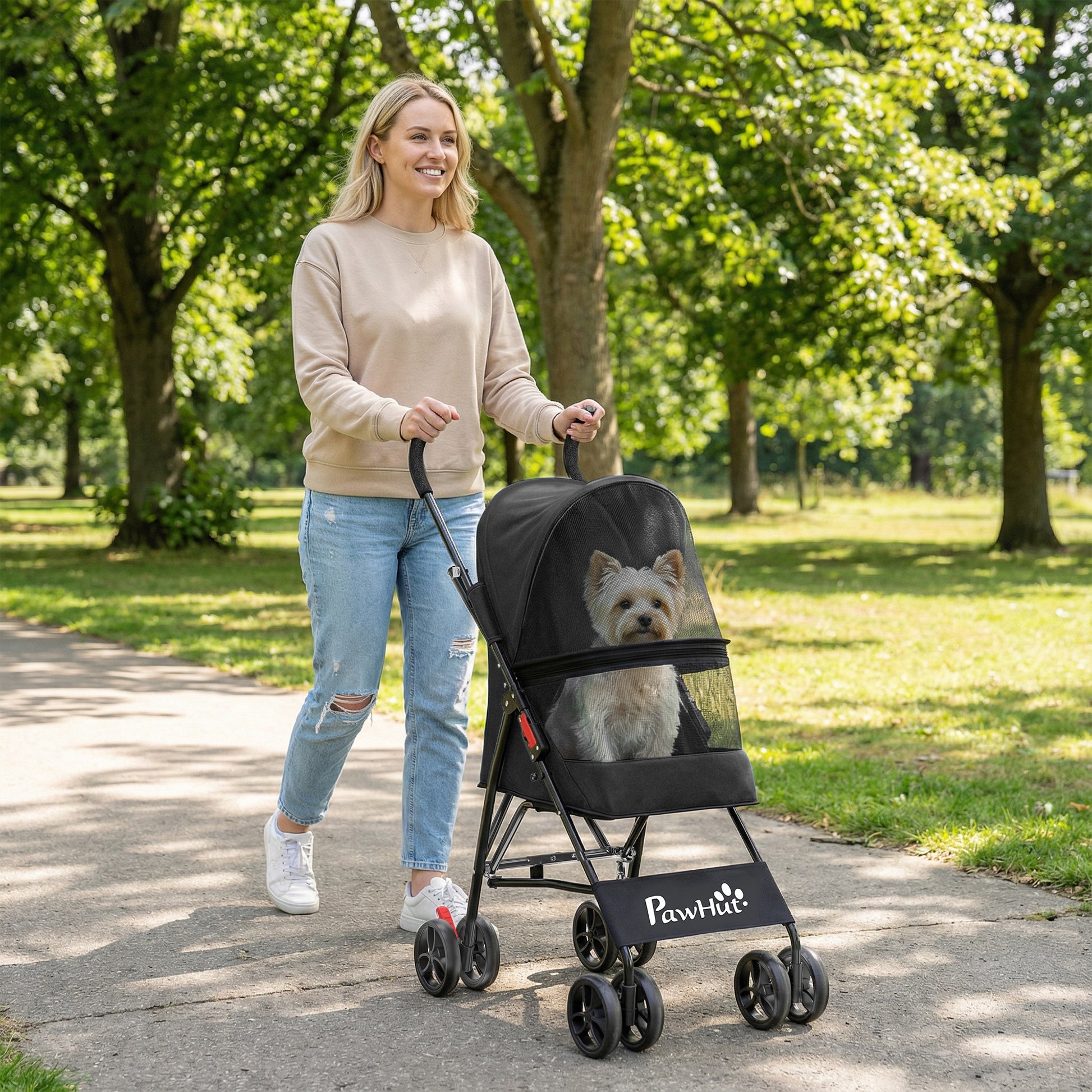 PawHut Dog Stroller, Foldable Cat Dog Pram for Miniature Breeds, Pet Stroller with Brake, Mesh Windows, Black