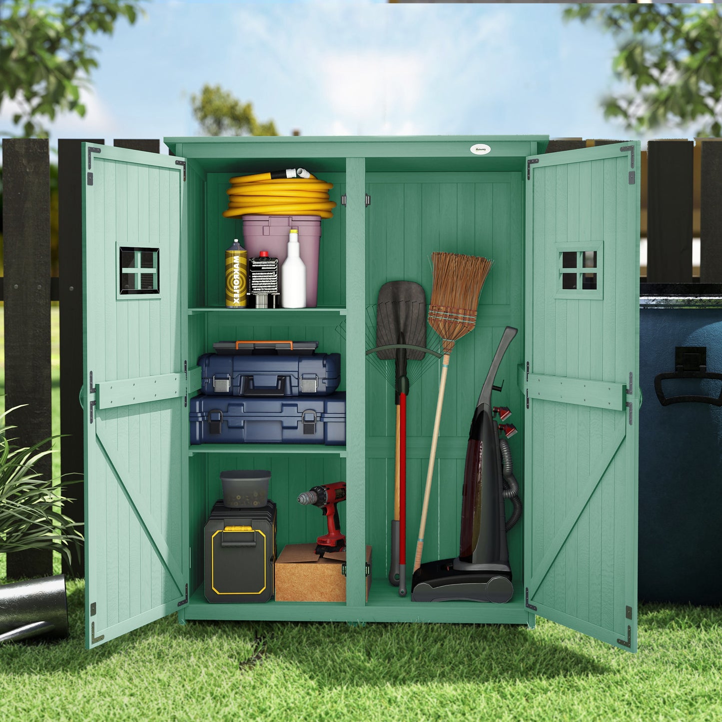 Outsunny Wooden Garden Shed with Two Windows, Tool Storage Cabinet, Outdoor Double Door organiser 127.5L x 50W x 164H cm, Green