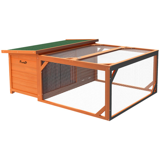 PawHut Rabbit Hutch Outdoor Guinea Pig Hutch with Run Small Animal Off-ground Duck House Hideaway Garden with Openable Roof 125.5 x 100 x 49cm Orange