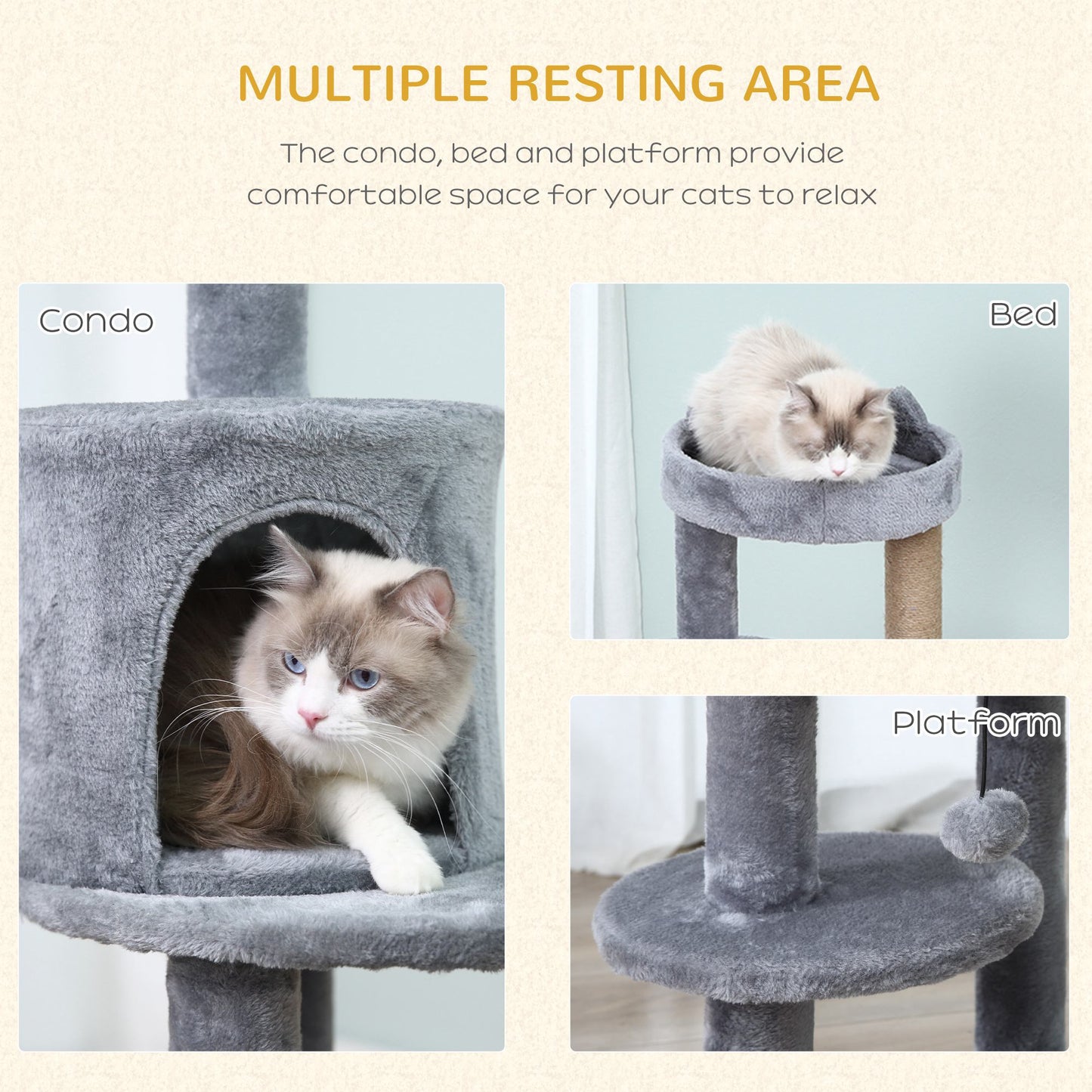 PawHut 104 cm Cat Tree, Cat Condo Tree Tower, Cat Activity Centre with Scratching Posts, Plush Perch, Hanging Ball - Grey