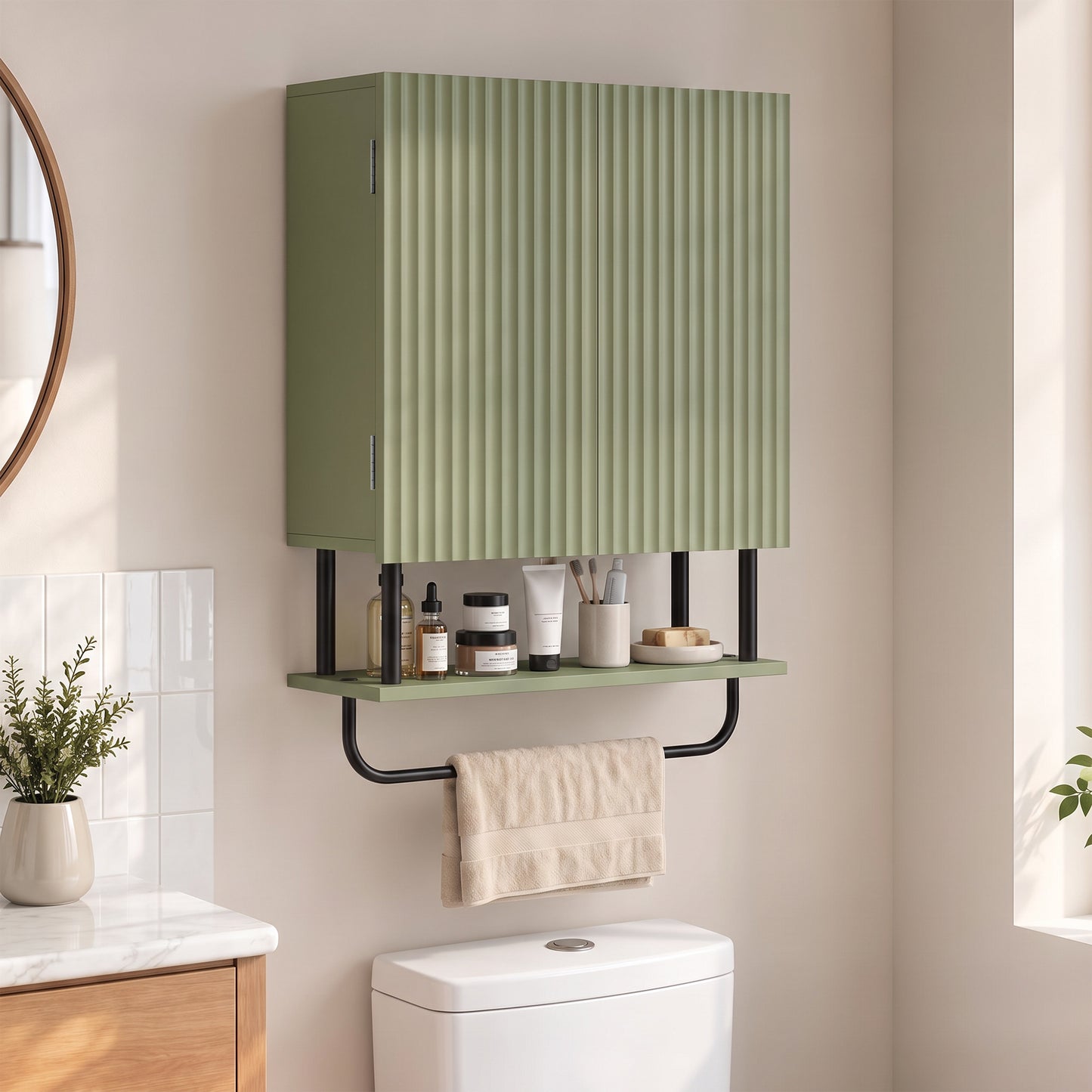 HOMCOM Bathroom Wall Cabinet Modern Space Saver Wall Mounted Cabinet Doors Storage Green