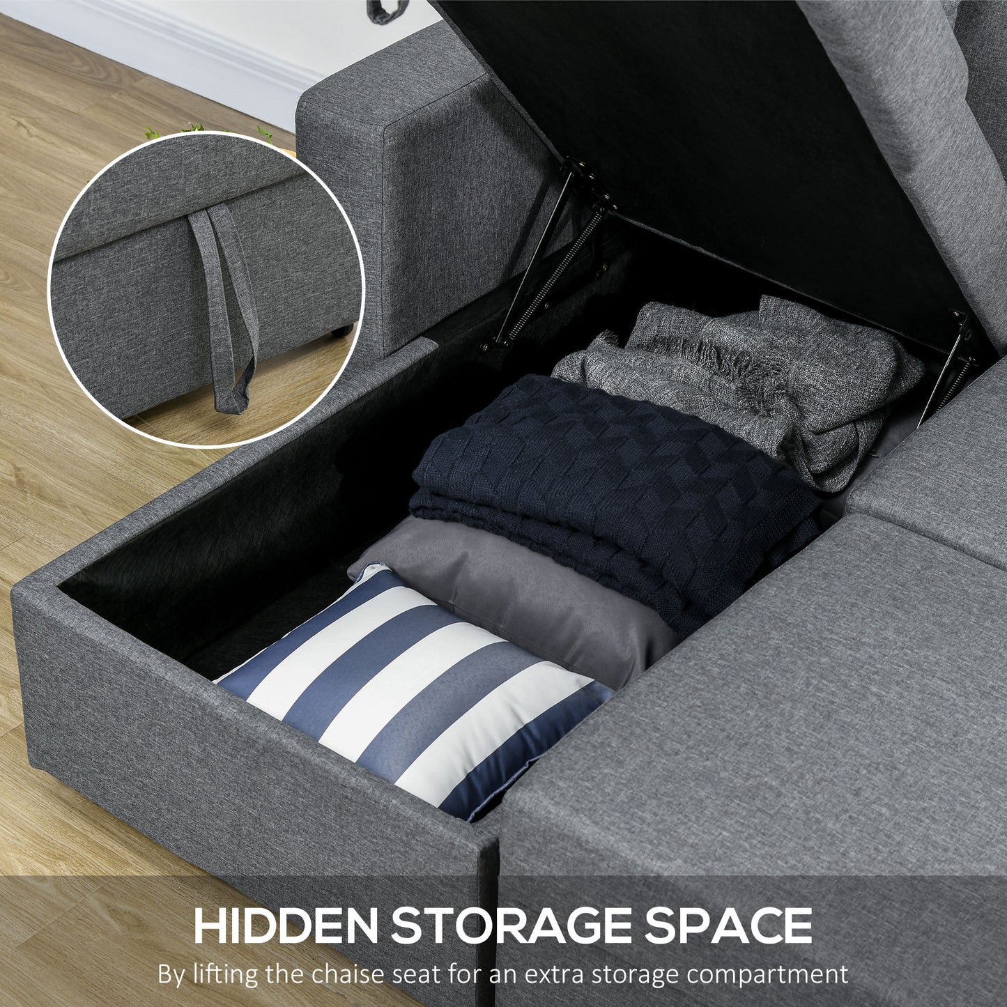 HOMCOM Corner Sofa Bed with Storage, 3 Seater Pull Out Sofa Bed, Pre-Assembled & Delivered to Your Home, Dark Grey