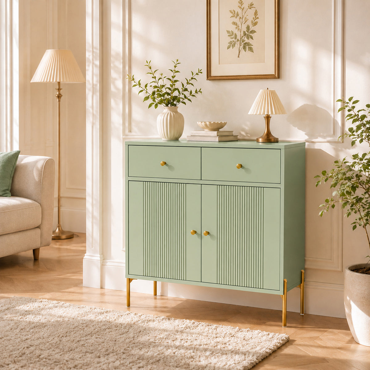 HOMCOM Modern Sideboard, Sideboard Storage Cabinet with 2 Drawers and Adjustable Shelf for Living Room, Light Green