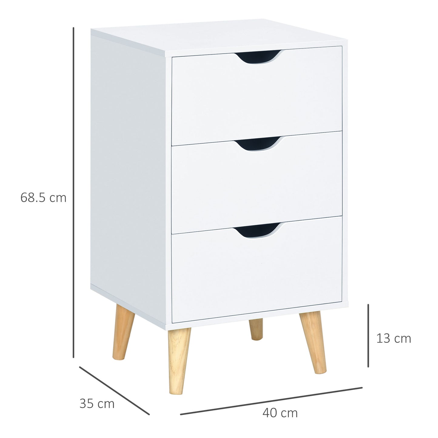 HOMCOM Bedside Table, Bedside Cabinet with 3 Drawers, Side End Table with Pine Wood Legs for Bedroom Living Room, Cream White