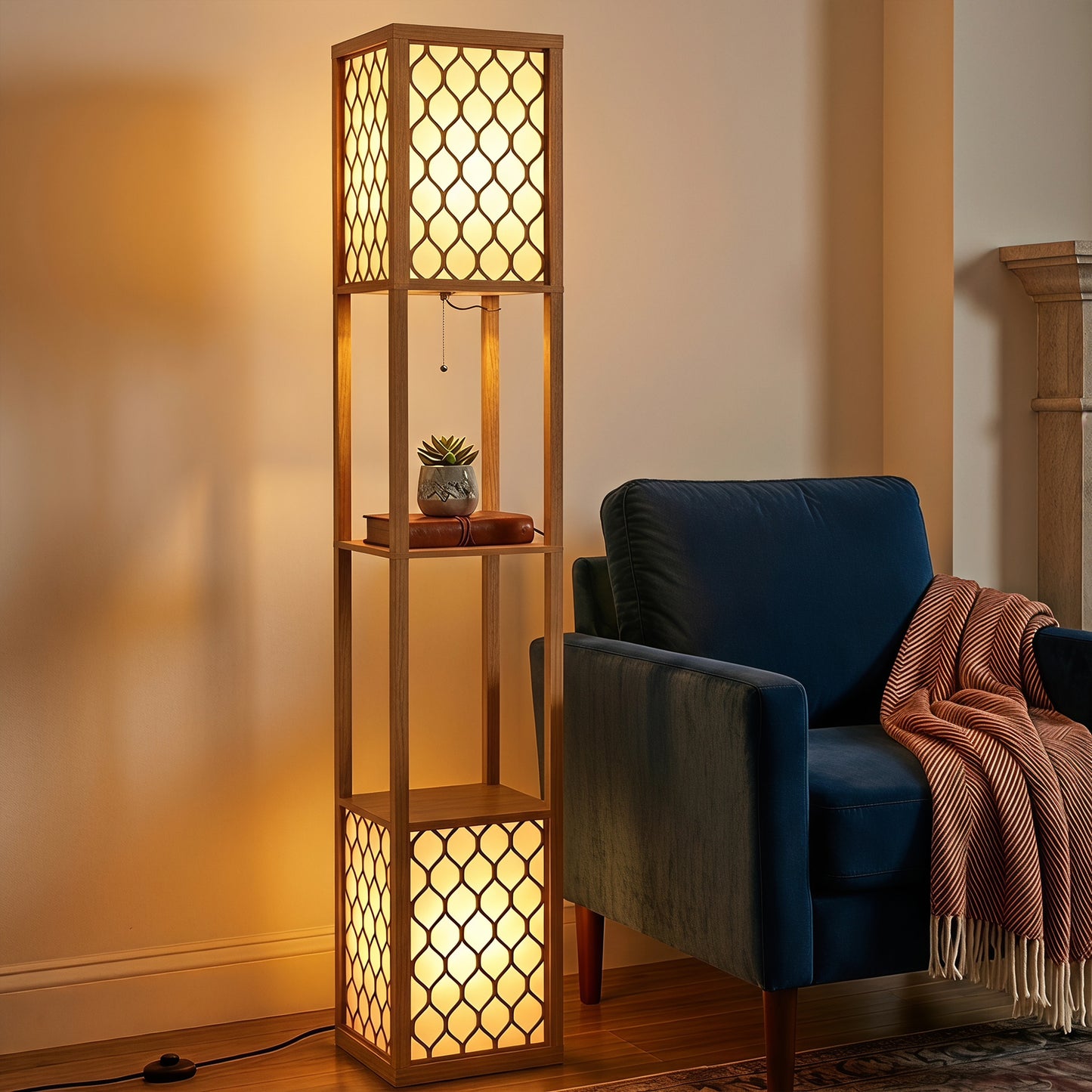 HOMCOM Floor Lamp with Shelves, Modern Tall Standing Lamp with Fabric Lampshades, Zipper Switch, Natural Wood Finish