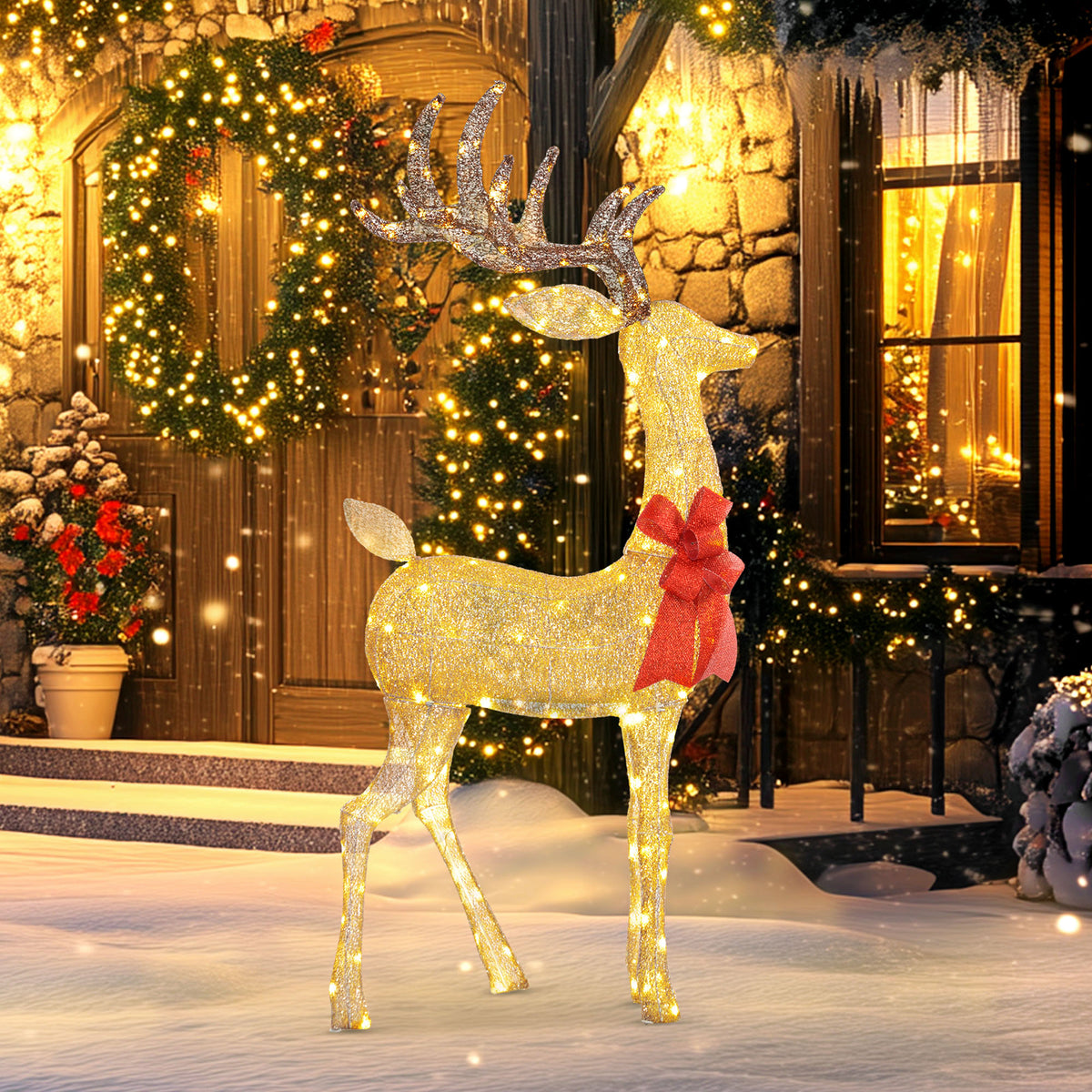 Outsunny Lighted Reindeer Christmas Decoration, Light Up Christmas Deer with 137 LED Lights for Indoor, Outdoor, Garden, Lawn, Gold Tone