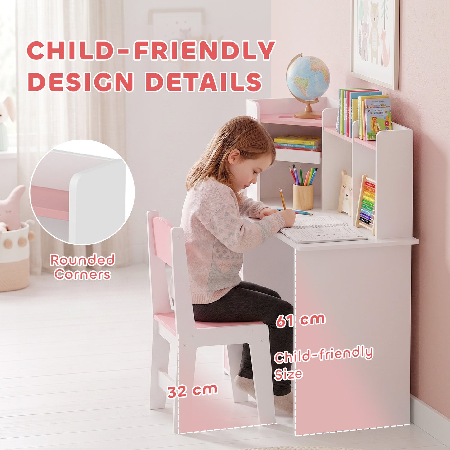 AIYAPLAY Kids Desk and Chair Set Storage Shelves Kids Desk Adjustable Tablet Stand Cork Board Pen Holder Pink