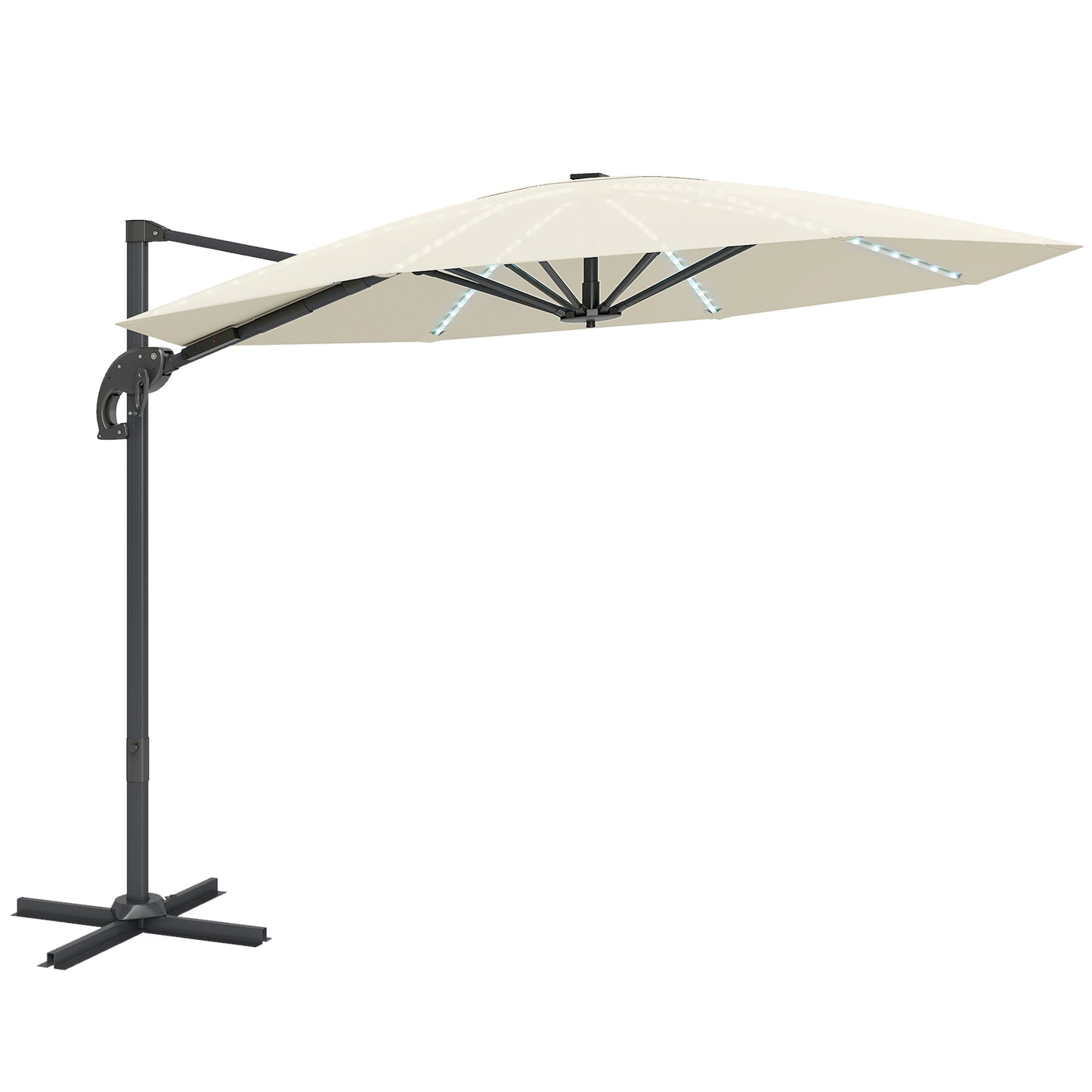 Outsunny 3(m) Cantilever Garden Parasol with Solar Powered Lights, Crank Handle & Cross Base, UPF 50+, 360Â° Rotation, Cream